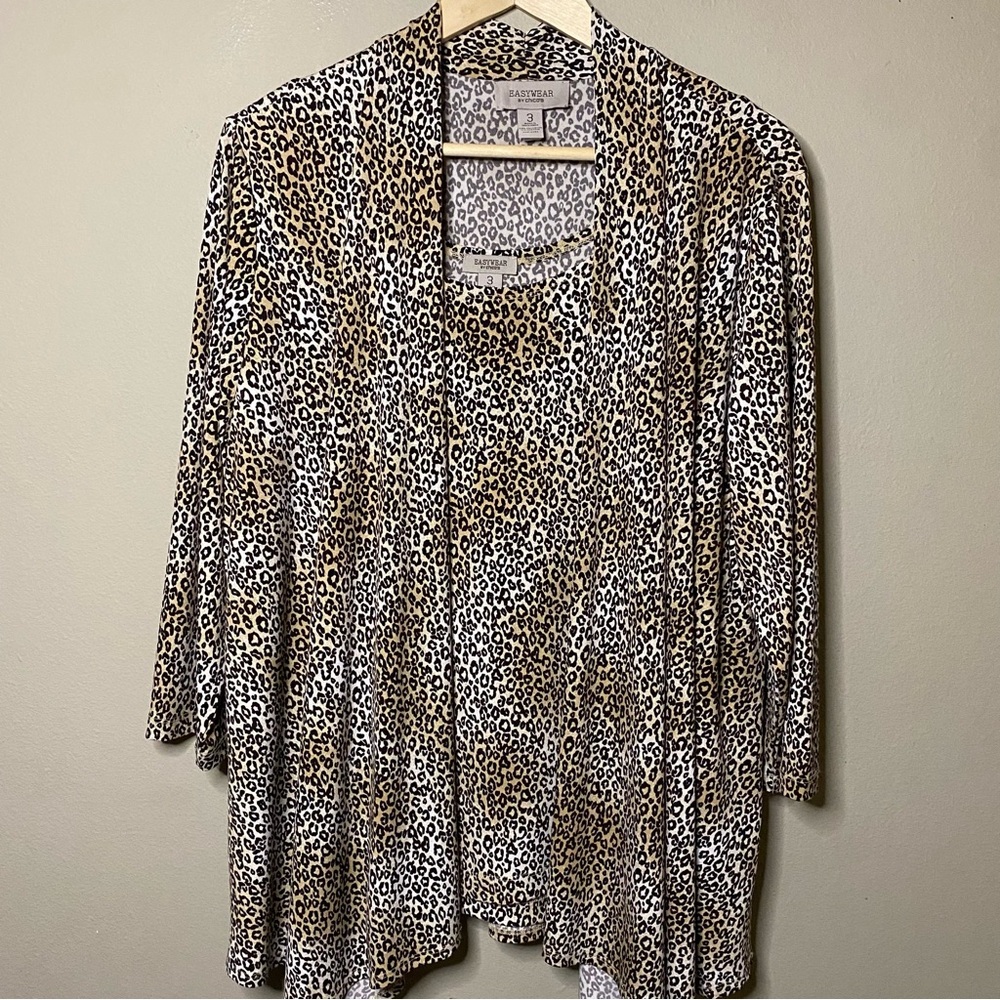 Chico’s Easywear Animal Print Cardigan Tank Set Women XL Brown Tan Office Casual